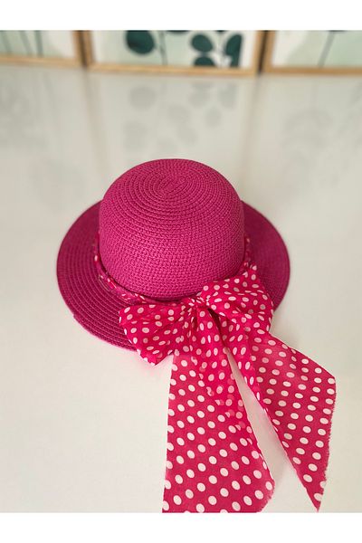 Petek Collection Straw Beach Children's Hat with Bow Accessory (1-6 Years) Fuchsia