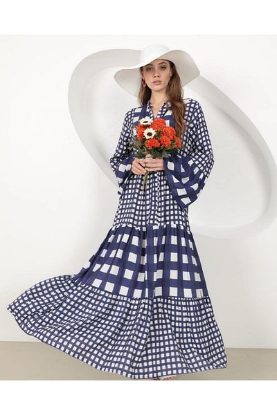 EL jadida Women's Patterned Plus Size Hijab Viscose Dress Navy Blue