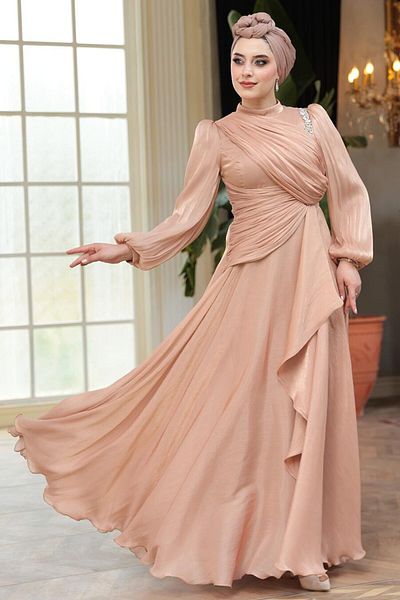 N.S NEVA STYLE Βραδινό φόρεμα μπισκότου Hijab με ντραπέ 51641BS