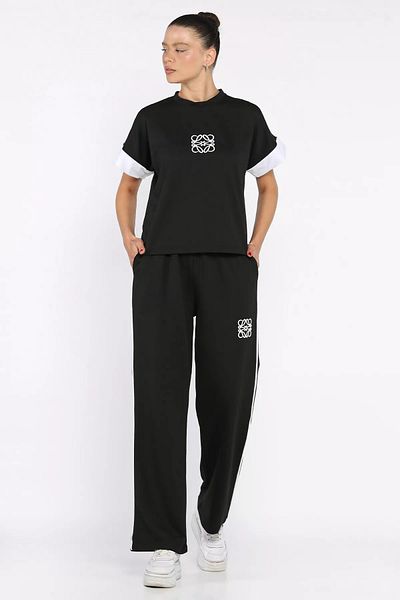 GÜLSELİ Black Women's Plus Size Color Garnished Front Embroidered T-Shirt Trousers Two-Piece Set