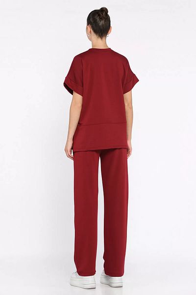 GÜLSELİ Burgundy Women's Plus Size Embroidered T-Shirt Pants Two-Piece Set