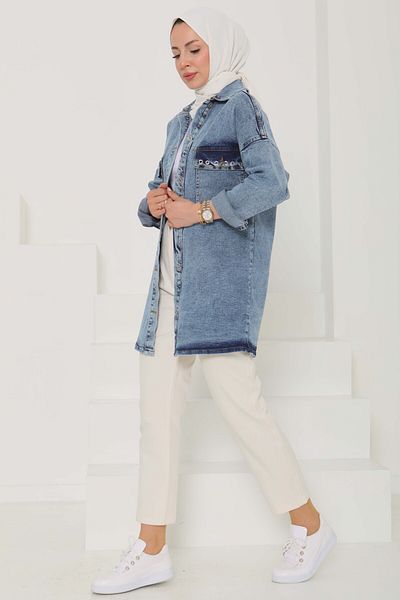 TOFİSA Jachetă de blugi oversize pentru femei, cu buzunar Bird Eye, albastru - 26579