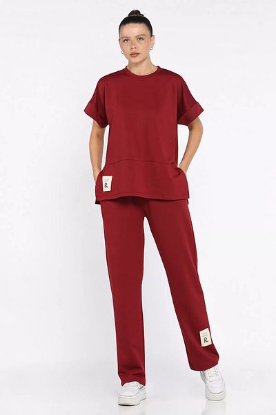 GÜLSELİ Burgundy Women's Plus Size Embroidered T-Shirt Pants Two-Piece Set