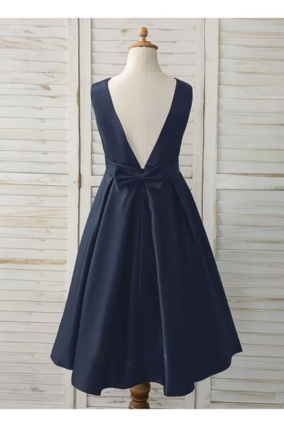 NSMLİFE Girls Navy Blue Plain Mini Satin Dress Evening Dress Graduation Birthday Reading Day Dress