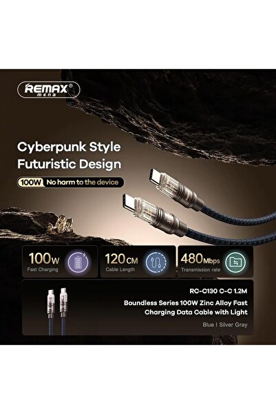 Remax Mena USB C Cable 100W with Light Connector 1M, USB Type A to C Cable, Zinc Alloy & Braided, Fa