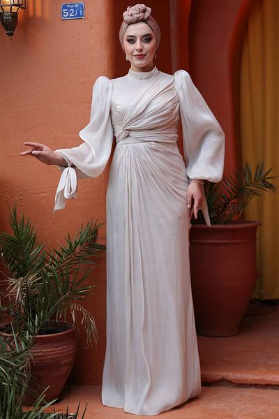 N.S NEVA STYLE Drape Detailed Stone Hijab Evening Dress 52285Tas