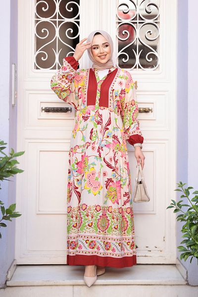 N.S NEVA STYLE Φόρεμα Hijab με μοτίβο λουλουδιών Claret Red 24012BR