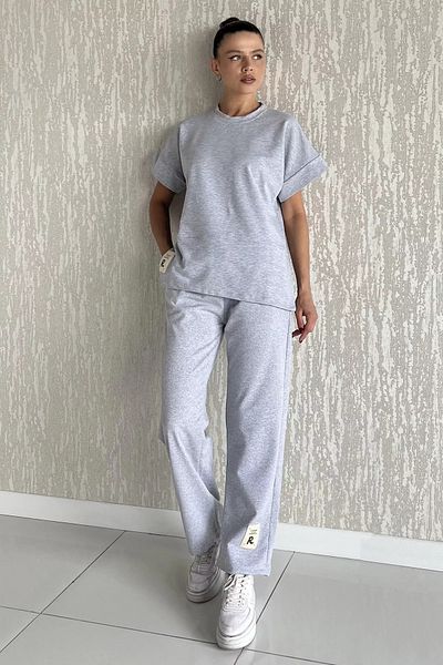 GÜLSELİ Gray Women's Plus Size Embroidered T-Shirt Pants Double Set