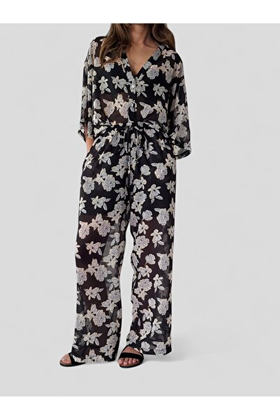 Retrobird Design Shorts Lined Chiffon Trousers Women Black White