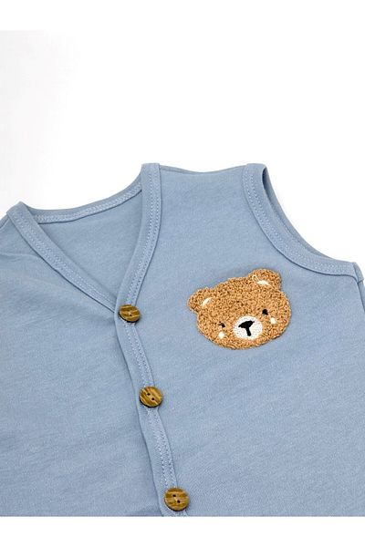 Ege Bebek Baby Boy Teddy Bear Embroidered Buttoned Seasonal 3-6-9-12-18-24 Months Combed Cotton Vest