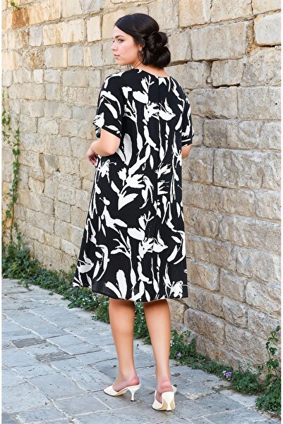 Burcumay Γυναικείο φόρεμα μεγάλου μεγέθους με τετράγωνο λαιμόκοψη και κοντό μανίκι με σχέδιο μίντι βισκόζη Μαύρο λεπτό φόρεμα διακοπών στην παραλία