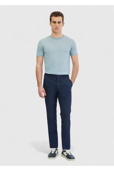 Ramsey Μπλε Navy Plain Woven Jogging Fit Casual βαμβακερό παντελόνι