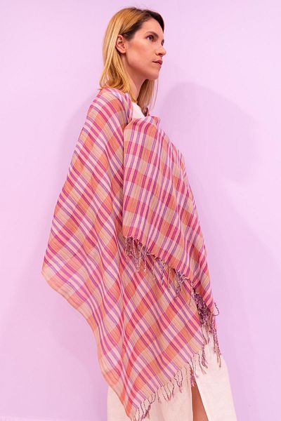 Defne&Apollon İpekçilik Hand Woven Peace Silk Plaid Pattern Shawl 70 X 190 cm - Powder