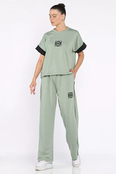 GÜLSELİ Koyumint Women's Plus Size Color Garnished Front Embroidered T-Shirt Trousers Two-Piece Set