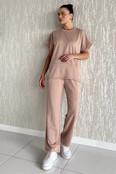 GÜLSELİ Beige Women's Plus Size Embroidered T-Shirt Pants Double Set