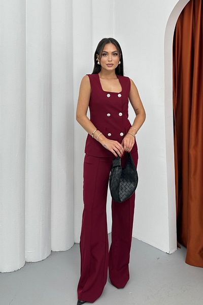 spirituel Women's Double Bottom Top Set Stylish Button Detailed Square Neck Vest Pants Set