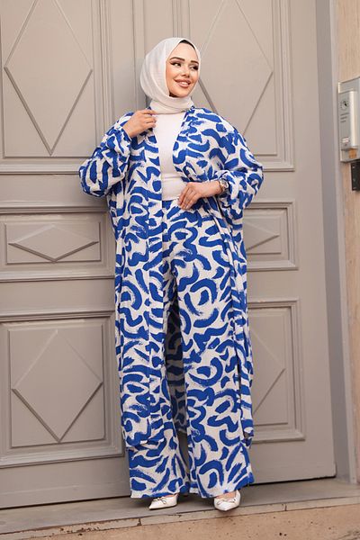 N.S NEVA STYLE Patterned Sax Blue Hijab Double Kimono Set 12886Sx