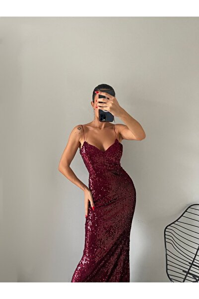 ADASTYLE asklı pullu kadife elbise, trend, özel gün, balık abiye, arkadan bağlamalı ve fermuarlı