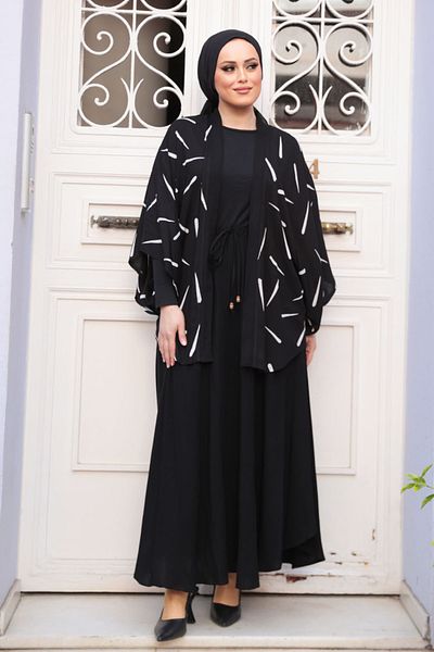 N.S NEVA STYLE Patterned Black Hijab Double Kimono Set 12892S