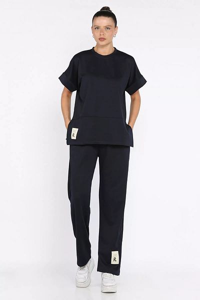 GÜLSELİ Dark Navy Blue Women's Plus Size Embroidered T-Shirt Pants Double Set