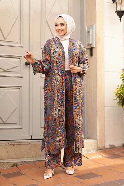 N.S NEVA STYLE Patterned Sax Blue Hijab Double Kimono Set 12885Sx