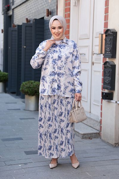 N.S NEVA STYLE Patterned Blue Hijab Skirt Double Set 13027m