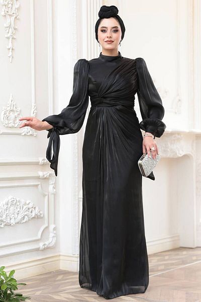 N.S NEVA STYLE Drape Detailed Black Hijab Evening Dress 52285S