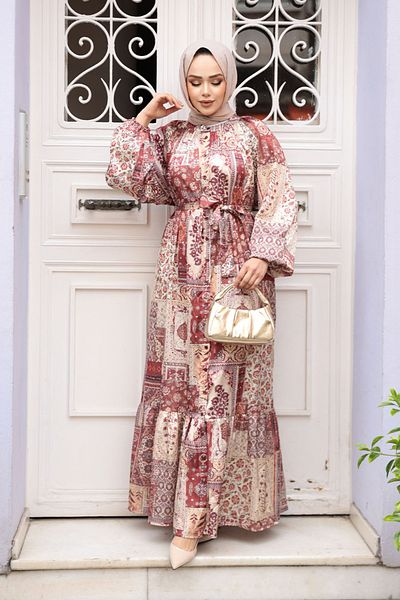 N.S NEVA STYLE Φόρεμα Μπεζ Μοτίβο Hijab 23155BEJ