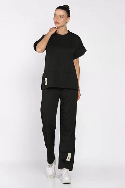 GÜLSELİ Black Women's Plus Size Crest T-Shirt Pants Double Set