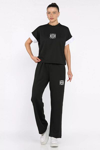 GÜLSELİ Black Women's Plus Size Color Garnished Front Embroidered T-Shirt Trousers Two-Piece Set