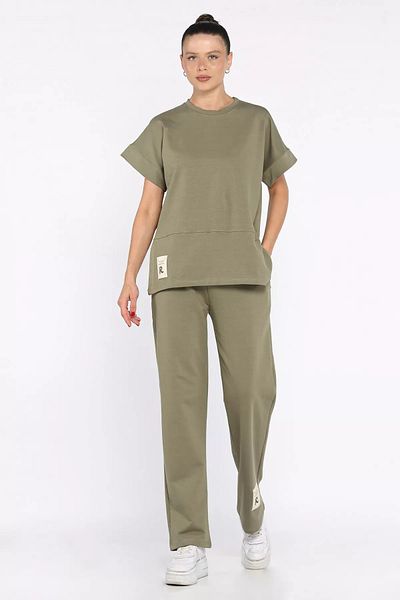 GÜLSELİ Khaki Women's Plus Size Embroidered T-Shirt Pants Two-Piece Set