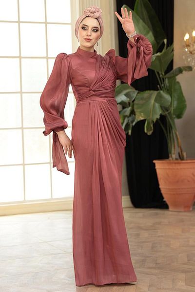 N.S NEVA STYLE - Dusty Rose Hijab Evening Dress with Drape Detail 52285Gk