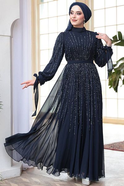 N.S NEVA STYLE Βραδινό φόρεμα Hijab με χάντρες Navy Blue 25913L