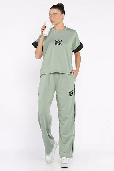 GÜLSELİ Koyumint Women's Plus Size Color Garnished Front Embroidered T-Shirt Trousers Two-Piece Set
