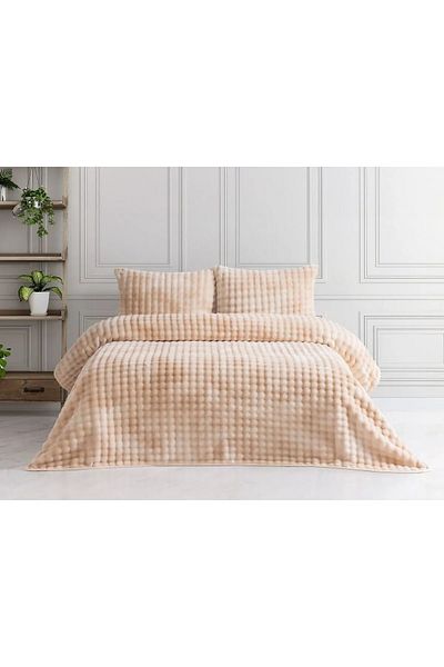 YÜNTEKS Merinos Reflection Bubble Bedspread, 3 Piece Blanket Set, Double, Cream