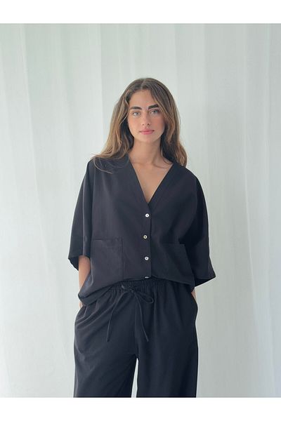 Retrobird Cămașă kimono din in cu decolteu în V pentru femei, neagră