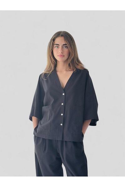Retrobird Cămașă kimono din in cu decolteu în V pentru femei, neagră