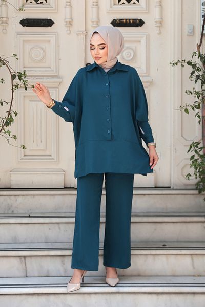 N.S NEVA STYLE Buttoned Petrol Blue Hijab Double Suit 67751Pm