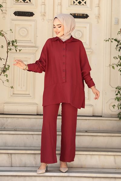 N.S NEVA STYLE Buttoned Burgundy Hijab Double Set 67751Br