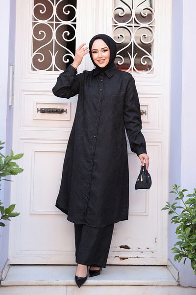 N.S NEVA STYLE Patterned Black Hijab Double Set 12981S