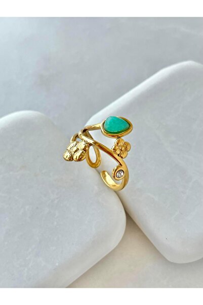 Seda Bijuteri خاتم كرمة من الفولاذ والحجر الطبيعي لون فيروزي