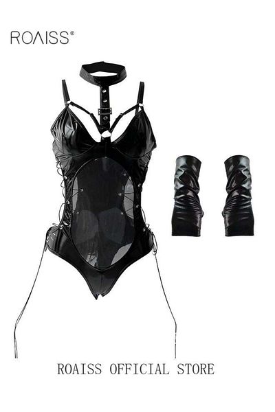 ROAISS Ring Linked Lingerie PU Bodysuit for Women Hollow Out Babydoll Straps on Both Sides