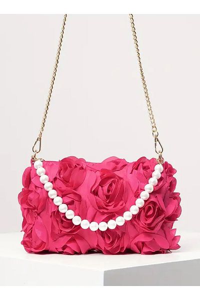 Famels 3 D Women's Rose Detailled Red Evening Bag Handle Bag