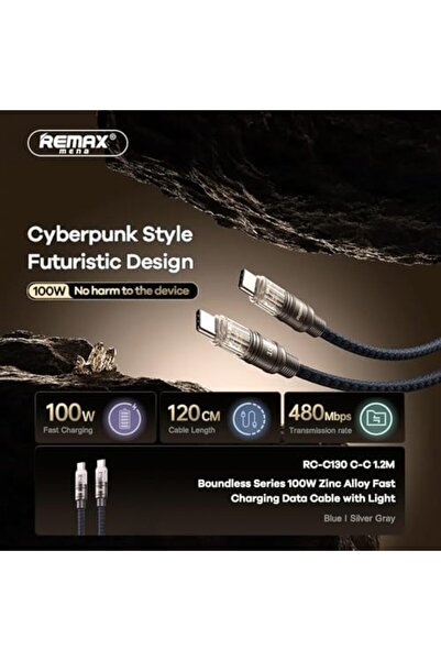 Remax Mena USB C Cable 100W with Light Connector 1M, USB Type A to C Cable, Zinc Alloy & Braided, Fa