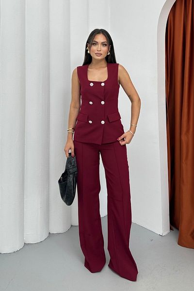 spirituel Women's Double Bottom Top Set Stylish Button Detailed Square Neck Vest Pants Set