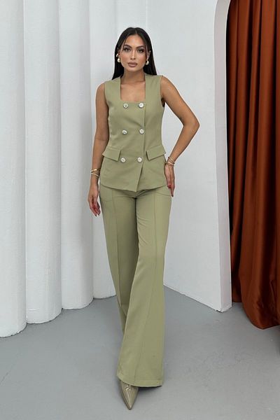 spirituel Women's Double Bottom Top Set Stylish Button Detailed Square Neck Vest Pants Set