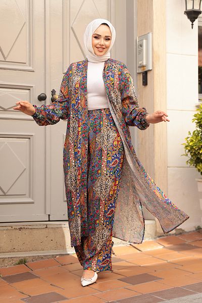 N.S NEVA STYLE Patterned Sax Blue Hijab Double Kimono Set 12885Sx