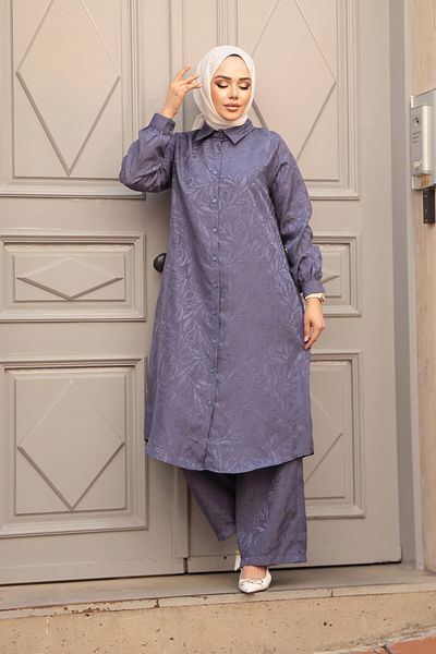 N.S NEVA STYLE Patterned Dark Lilac Hijab Double Set 12981Klila