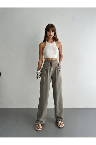 MODAMOR Khaki Tie-Fit Slim Raw Gabardine Pants