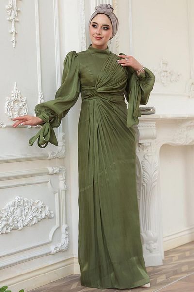 N.S NEVA STYLE Drape Detailed Khaki Hijab Evening Dress 52285Hk